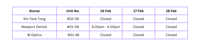 CNY operating hours for Services